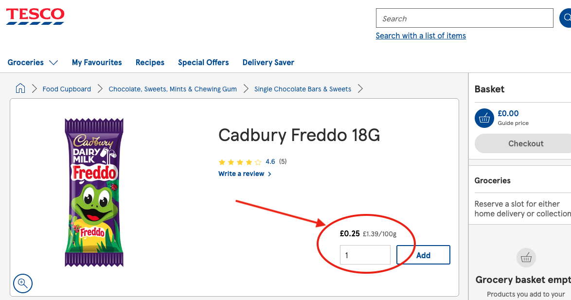 Freddo Chocolate bar price on tesco website