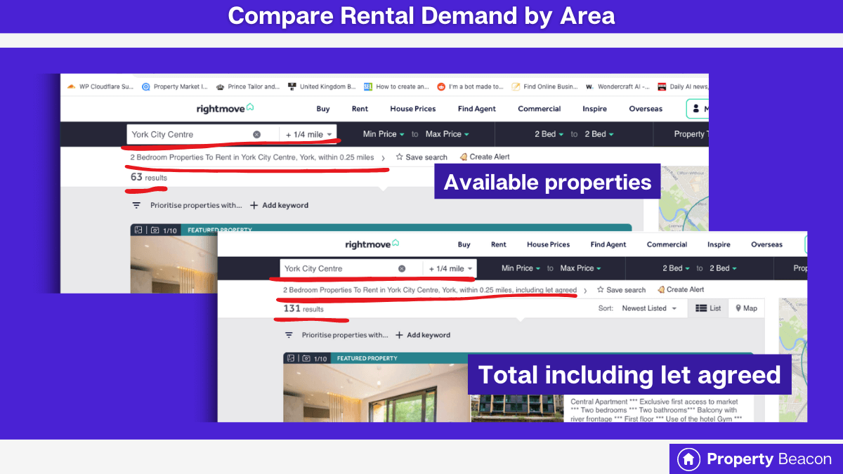graphic showing a screenshot from rightmove comparing available properties vs available properties including let agreed to assess rental demand