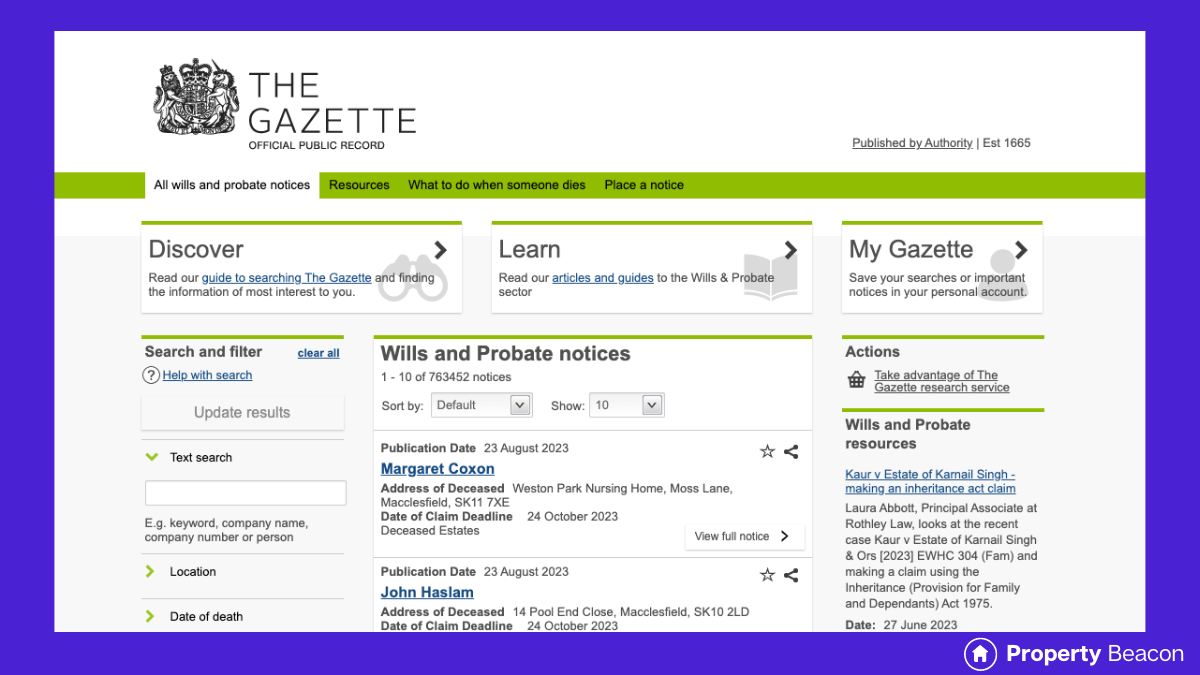 The gazette wills and probate screenshot 